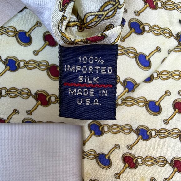Tom James Mens Ivory Silk Tie Chain Link Red & Blue Pattern Elegant Made In USA - Picture 3 of 8